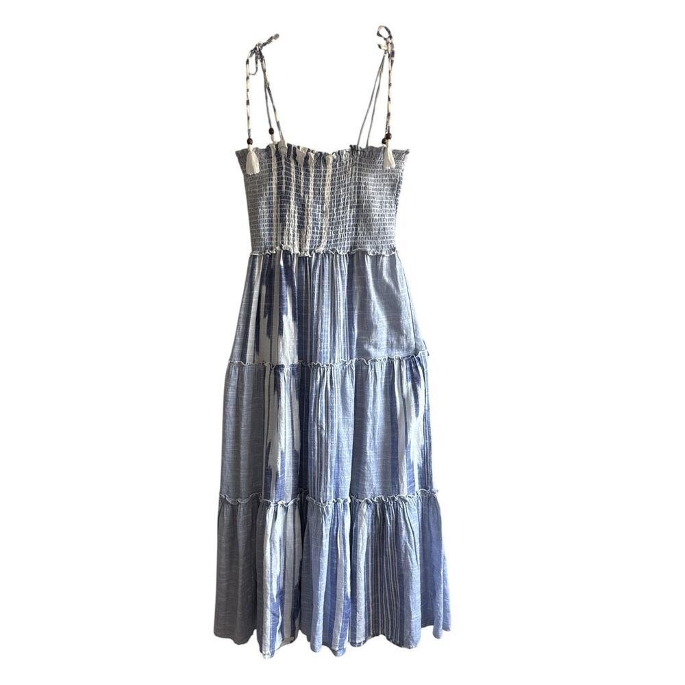 Blue Island Strapless Maxi Tube Dress White Blue Striped Cotton Boho Cottage Med - Picture 2 of 7